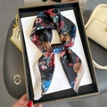 Close-up of vintage floral satin square scarf with premium edge stitching in a display box - White Border (FJ825-4)