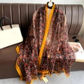 Elegant floral faux silk long scarf with red flower pattern and orange satin borders - Orange Red Floral