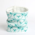 Detailed view of winter snood featuring soft fleece lining and knitted bear patterns - Emerald Green