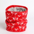 Detail of red knit neck warmer with bear pattern and thick grey fleece lining for winter - Red