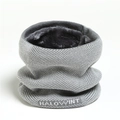 Detail of grey knitted neck warmer with plush lining and white letter embroidery - Light Gray