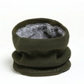 Close-up of olive green knitted neck warmer with thick grey fleece lining and texture - Army Green
