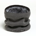 Detail of knit snood showing gray plush lining and woven texture with HALOWINT label - Black