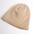 Detailed knit texture of light brown beanie with white chevron pattern and Halowint text - One Size / Light Brown