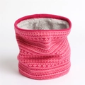 Pink Fair Isle knitted winter neck warmer with thick gray fleece lining on white background - Flat 24x21cm / Rose Red