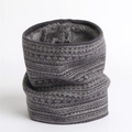 Detailed view of Fair Isle knit neck warmer with thick grey faux fur thermal lining - Flat 24x21cm / Gray