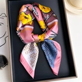 Detail of silk-like satin square scarf with floral print and geometric patterns - 70x70cm / Soft Pink & Yellow Floral (FJ741-3)