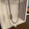 Double-layered silver titanium necklace with rectangle logo tag and white pearl pendant - Silver Double Layer Letter Tag Pearl Necklace 2-Piece Set (02-A3)