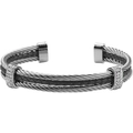 Twisted cable cuff bracelet in silver and black leather with crystal accents - Steel Color-Black Braided