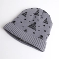 Grey knit winter beanie with black pine tree patterns and ribbed cuff for warmth - One Size / Gray