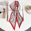 Detail of red and white equestrian silk scarf featuring blue horse pattern and dots - Red Edge Grey White Equestrian Horse (LE-259)