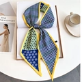 Floral houndstooth silk scarf with yellow border displayed on fashion magazines - Bright Yellow Edge Navy Houndstooth Geometric (LE-264)