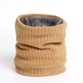 Detail of camel rib-knitted neck warmer with thick grey faux fur lining for winter warmth - 24cmx22cm / Earthy Yellow (WB66-12)