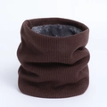 Detail of winter neck warmer showing the thick grey fleece lining and brown knit fabric - Coffee