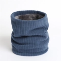 Close-up of blue ribbed knit neck warmer with thick grey fleece lining for winter warmth - 24cmx22cm / Blue (WB66-13)