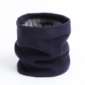 Detail of navy knit neck warmer featuring a thick grey fleece lining for winter warmth - Navy Blue