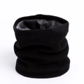 Close-up of black ribbed knit neck warmer featuring thick grey faux fleece lining - Black