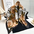 Detail of vintage rose floral silk satin square scarf with elegant black border - 90x90cm / Champagne