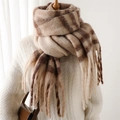 Detail of beige and brown striped cashmere-feel scarf with thick tassels for winter - Beige Coffee (WT125-6)