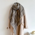 Thick warm checkered scarf with tassels in grey and beige over a wool coat - 250x42cm / Slate Gray