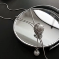 Silver long snake chain necklace with dual white pearls and wire-wrapped pendant - Silver