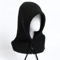 Knitted Balaclava hood with button and drawstring in solid black winter knitwear - Black