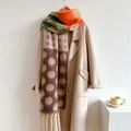 Macro detail of thick wool-like scarf featuring colorful polka dots and long fringe trim - Dark Brown (WT109-6)