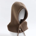 Brown knitted Balaclava hood with buttons and drawstring closure for winter warmth - Camel