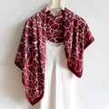 Chic burgundy silk scarf with white geometric patterns styled on a white dress - Large Square Scarf Style / Wine Red (FN162-4)