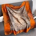 Elegant large orange and champagne silk square scarf with classical bird pattern on a sofa - 110X110CM / FE181-2 Orange