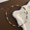 Bohemian style beaded necklace with natural brown and green stones and gold S.Steel chain - 05-A6 Beaded Clavicle Chain