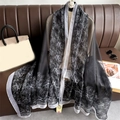 Elegant black and white floral pattern silk shawl draped over a leather sofa - 190*130cm / Black (YRS76-1)