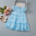 Detail of blue and white striped tiered dress with ruffle trim and flutter sleeves - Sky Blue / 90