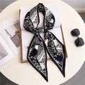 Elegant black and white geometric silk-like twilly scarf styled with sunglasses - Black White Abstract Geometric Dot Matrix (LE-110)