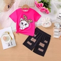 Girls summer set with rose pink cartoon cat tee and leopard print shorts - Fuchsia + Black / 4Y