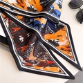 Abstract oil painting style narrow silk scarf with orange and blue patterns and striped edges - Abstract Artistic Color (LE-109) / 147x14cm