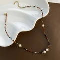 Handmade bohemian beaded necklace with baroque pearls and gold clasp on a ceramic tray - Baroque Artificial Pearl Colorful Necklace (05-M21)
