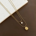 Double-layer gold necklace with Fu character disc and clear zircon stone pendant - Gold Double Layer Fu Necklace