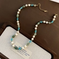Handmade necklace with white agate, green aventurine, blue stones and gold spacers - Blue Beaded Clavicle Necklace (03-D16)