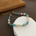 Handmade beaded bracelet with light blue and green natural stones and golden beads - Blue Beaded Bracelet (03-D16)