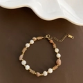 Handmade beaded bracelet with white mother of pearl, orange natural stone, and gold beads - Strawberry Crystal Bracelet (01-M28)