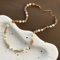 Handmade strawberry quartz beaded necklace with white pearls and gold accents - Strawberry Crystal Clavicle Necklace (01-M27)