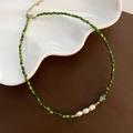 Vintage green agate and pearl necklace with golden adjustable chain for women - Retro Olive Green and Three Pearls Necklace (04-F23)