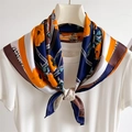 70x70cm faux silk square scarf with navy blue floral and geometric prints for women - 70x70cm / Navy Blue & Orange Poppy (FJ741-1)