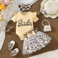 Leopard print baby girl outfit set with bodysuit, tutu skirt, headband and toddler shoes - Yellow / 3 to 6 Months