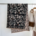 Close-up of double-sided floral cashmere-feel shawl with elegant tassels and flower patterns - 180x64cm (Including Fringe) / Black Floral Style (WT93-6)