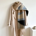 Thick oversized scarf with geometric color blocks and long tassels on wool coat - Khaki Blue Gray