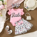 Pink babe romper and leopard heart tutu skirt set for baby girls with matching headband - Pink / 3 to 6 Months