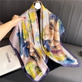 Silk-like satin floral scarf with vintage roses and purple borders for women - 110X110CM / Retro Rose Print (FE172-1)