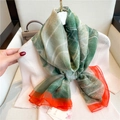Large green and white ink print silk shawl with bold orange border in artistic style - Green White Gradient Ink Wash (YRS61-2)